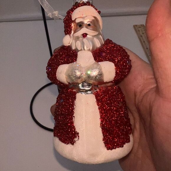 Vintage Glass Hand Painted Beaded Santa Ornament - Picture 8 of 9